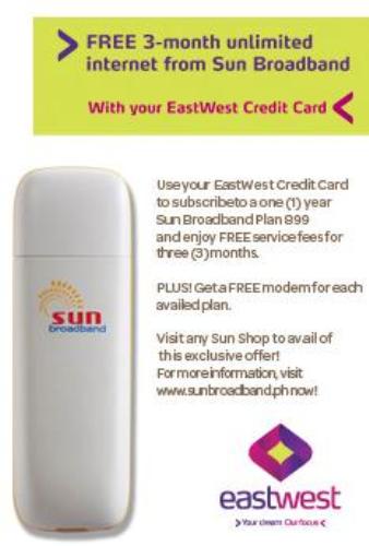 EastWest Credit Card &  Sun Broadband FREE 3-Month Unlimited Internet