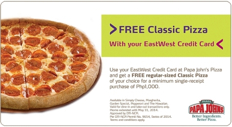 EastWest Credit Card Free Papa John’s Classic Pizza