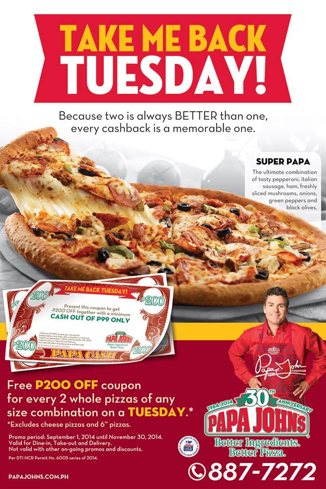 Papa John’s Pizza Take Me Back Tuesday Promo